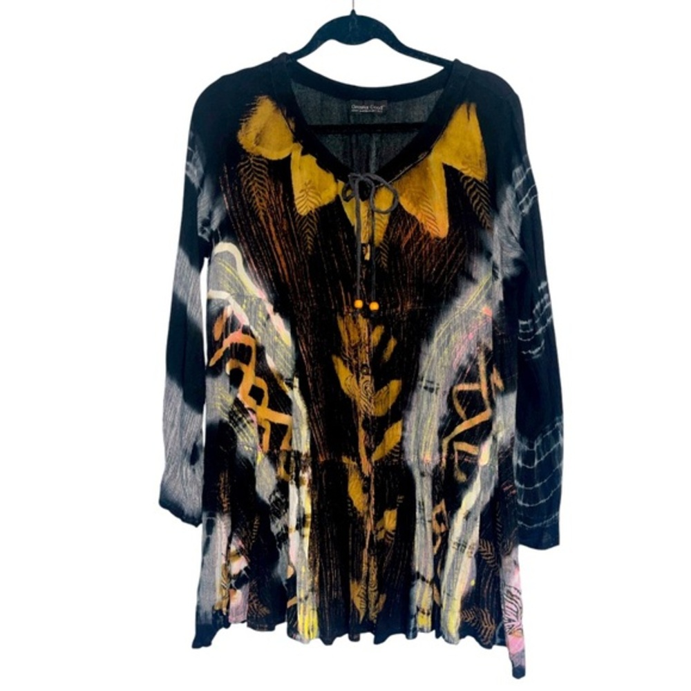 Greater Good Boho Gypsy Tunic Top Black Floral Tie Dye Shirt Flowy Long Sleeve L